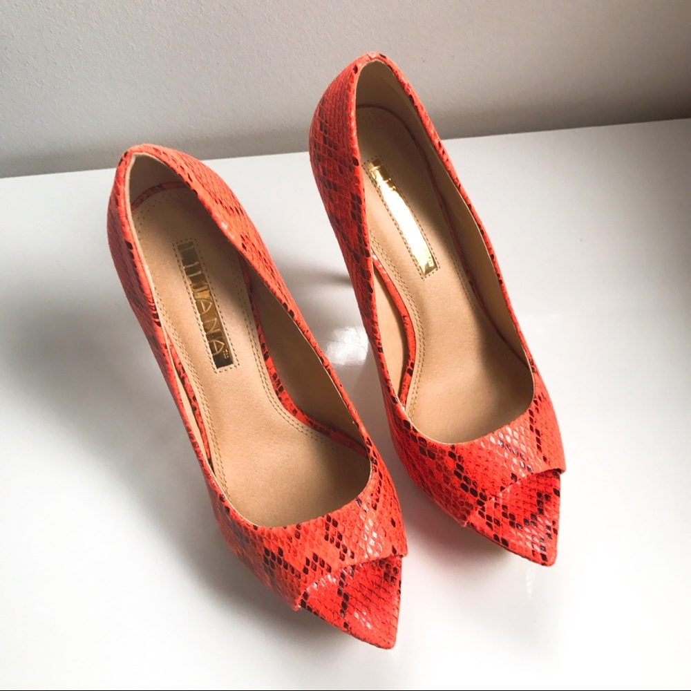 🆕 NEON ORANGE SNAKE PRINT PEEP TOE PLATFORM PUMPS - Picture 2 of 8
